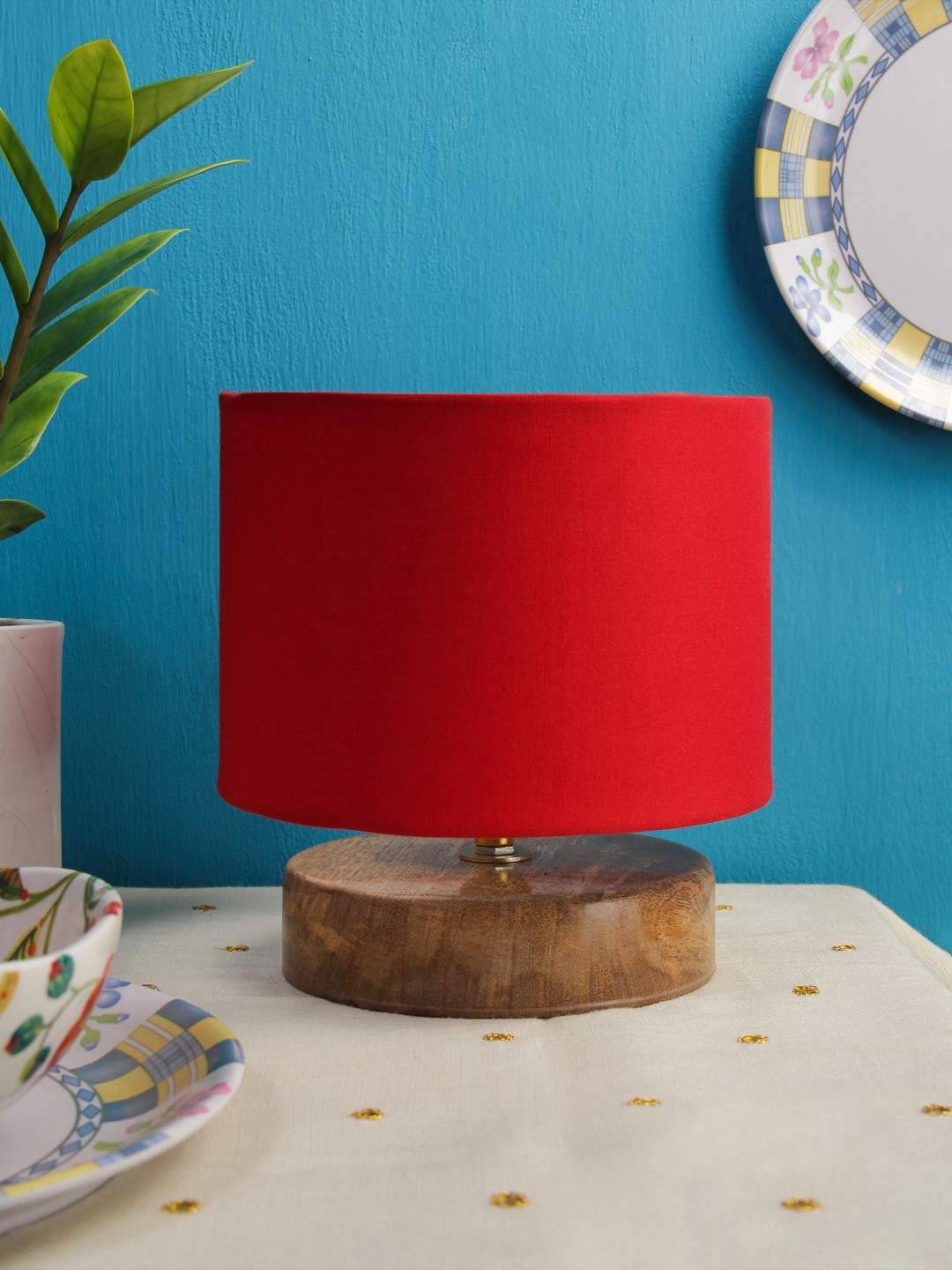 Red Cotton Shade Lamp with Natural Wood Basefor Decoration/Office/Home/Gifting/Study for Office/Home/Gifting -(7x7x7) Inches -