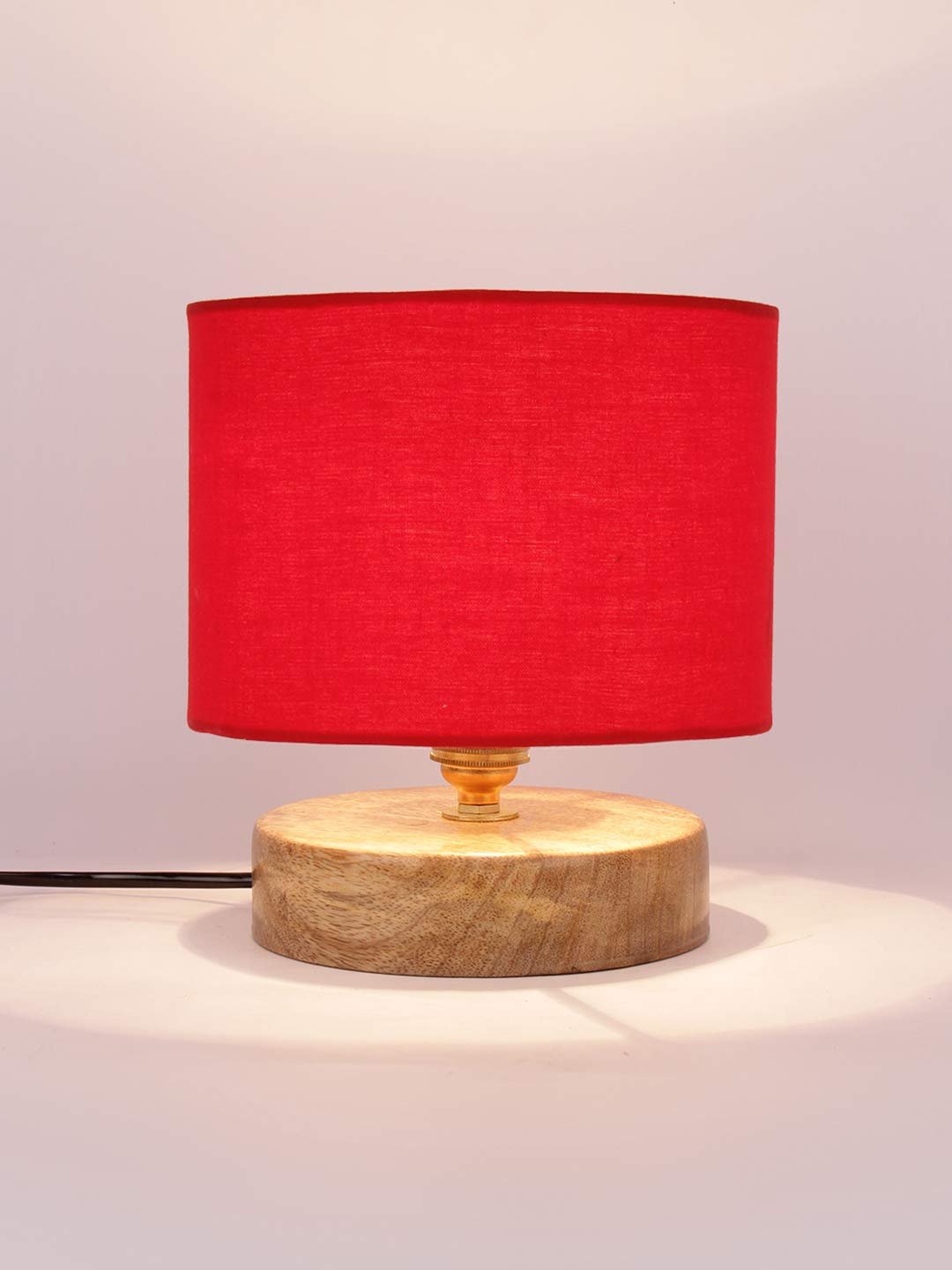 Red Cotton Shade Lamp with Natural Wood Basefor Decoration/Office/Home/Gifting/Study for Office/Home/Gifting -(7x7x7) Inches -