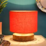 Orange Cotton Shade Lamp with Natural Wood Basefor Decoration/Office/Home/Gifting/Study for Office/Home/Gifting -(7x7x7) Inches Fluorescent