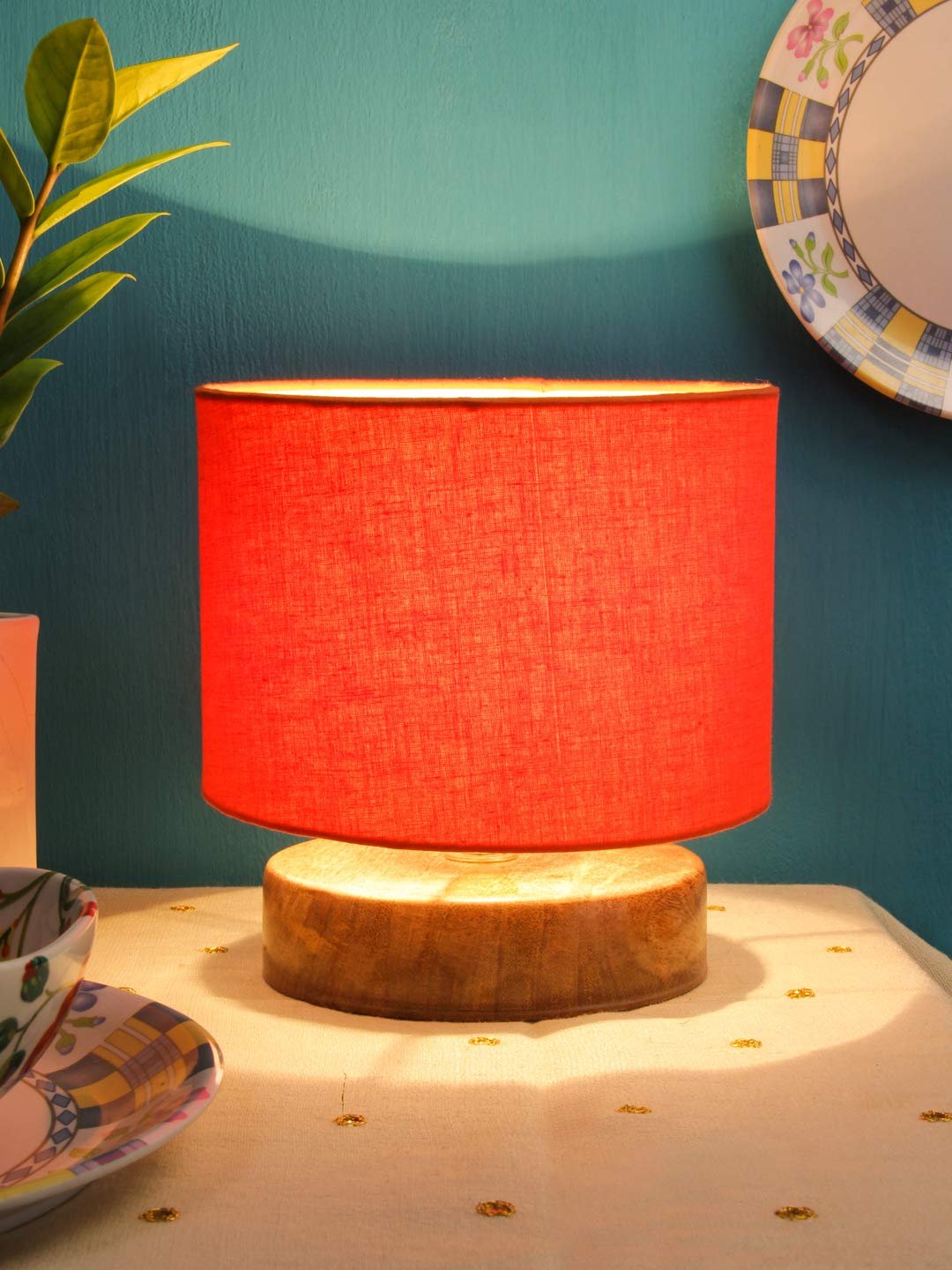 Orange Cotton Shade Lamp with Natural Wood Basefor Decoration/Office/Home/Gifting/Study for Office/Home/Gifting -(7x7x7) Inches Fluorescent