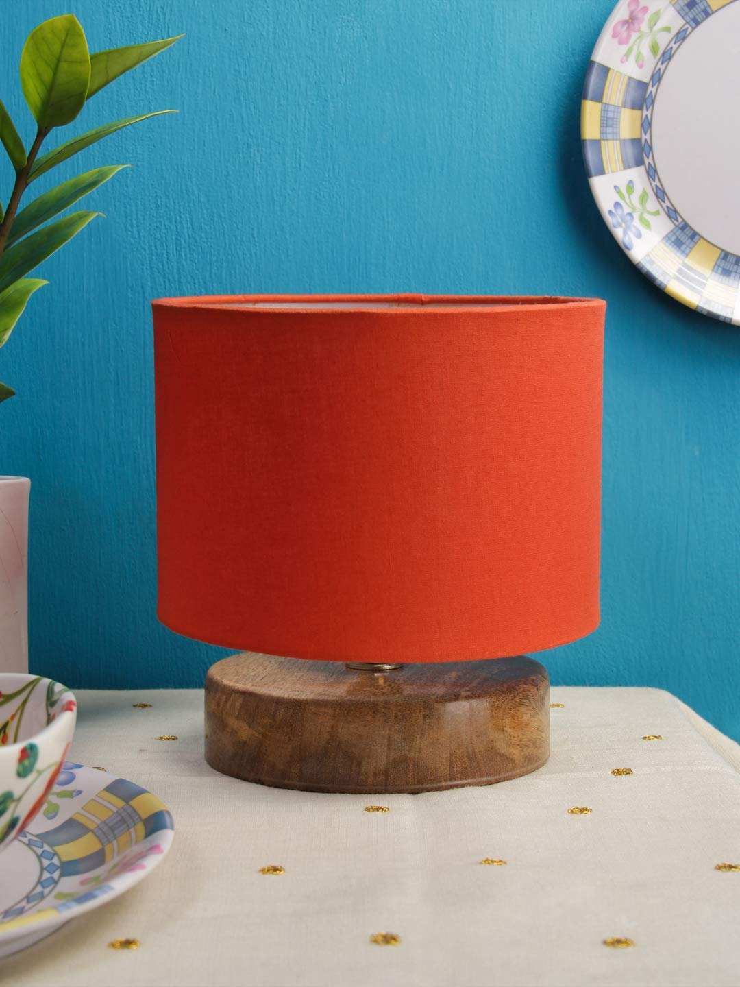 Orange Cotton Shade Lamp with Natural Wood Basefor Decoration/Office/Home/Gifting/Study for Office/Home/Gifting -(7x7x7) Inches Fluorescent