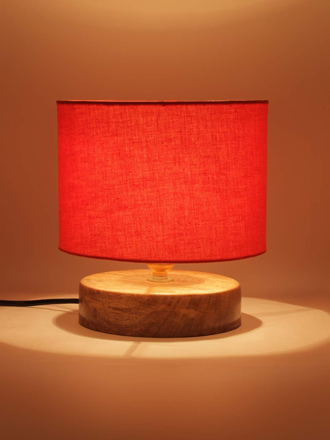 Orange Cotton Shade Lamp with Natural Wood Basefor Decoration/Office/Home/Gifting/Study for Office/Home/Gifting -(7x7x7) Inches Fluorescent