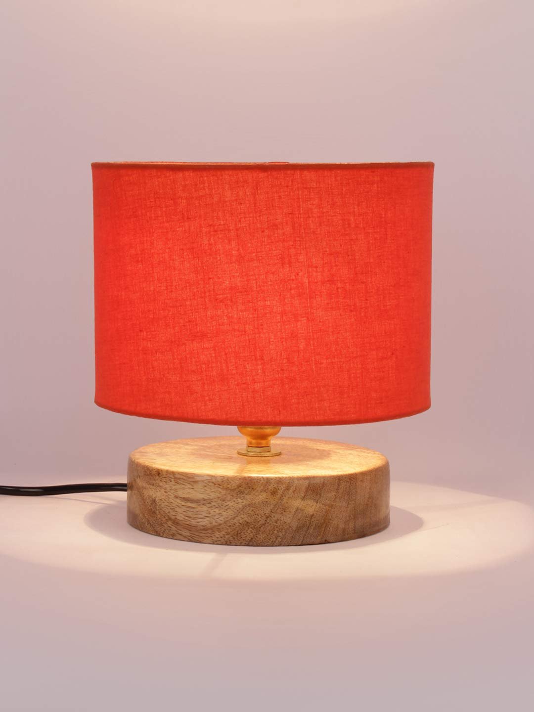 Orange Cotton Shade Lamp with Natural Wood Basefor Decoration/Office/Home/Gifting/Study for Office/Home/Gifting -(7x7x7) Inches Fluorescent