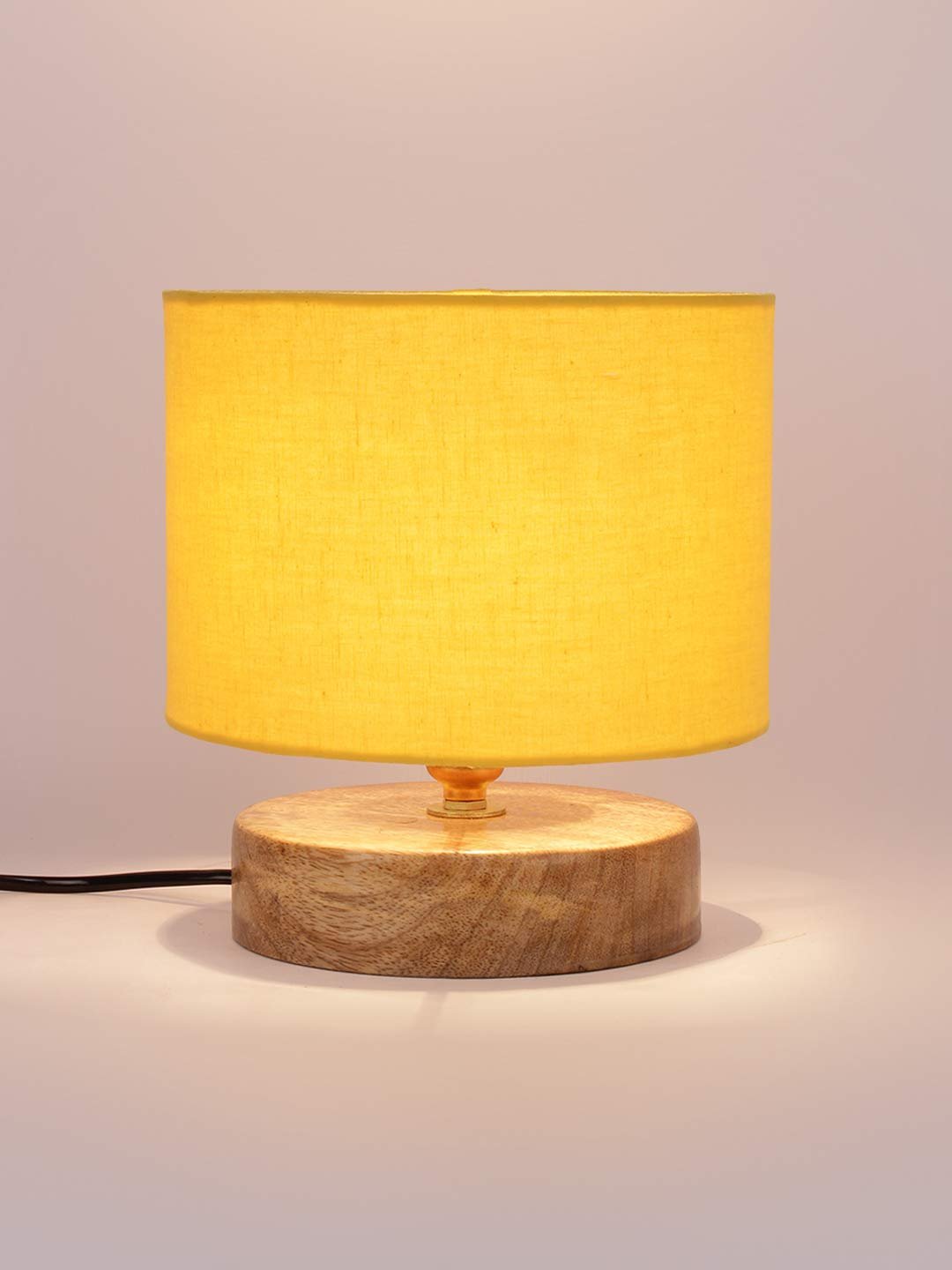 Yellow Cotton Shade Lamp with Natural Wood Base for Decoration/Office/Home/Gifting/Study for Office/Home/Gifting -(7x7x7) Inches -