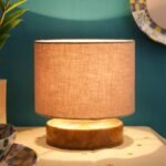 Grey Cotton Shade Lamp with Natural Wood Base for Decoration/Office/Home/Gifting/Study for Office/Home/Gifting -(7x7x7) Inches –