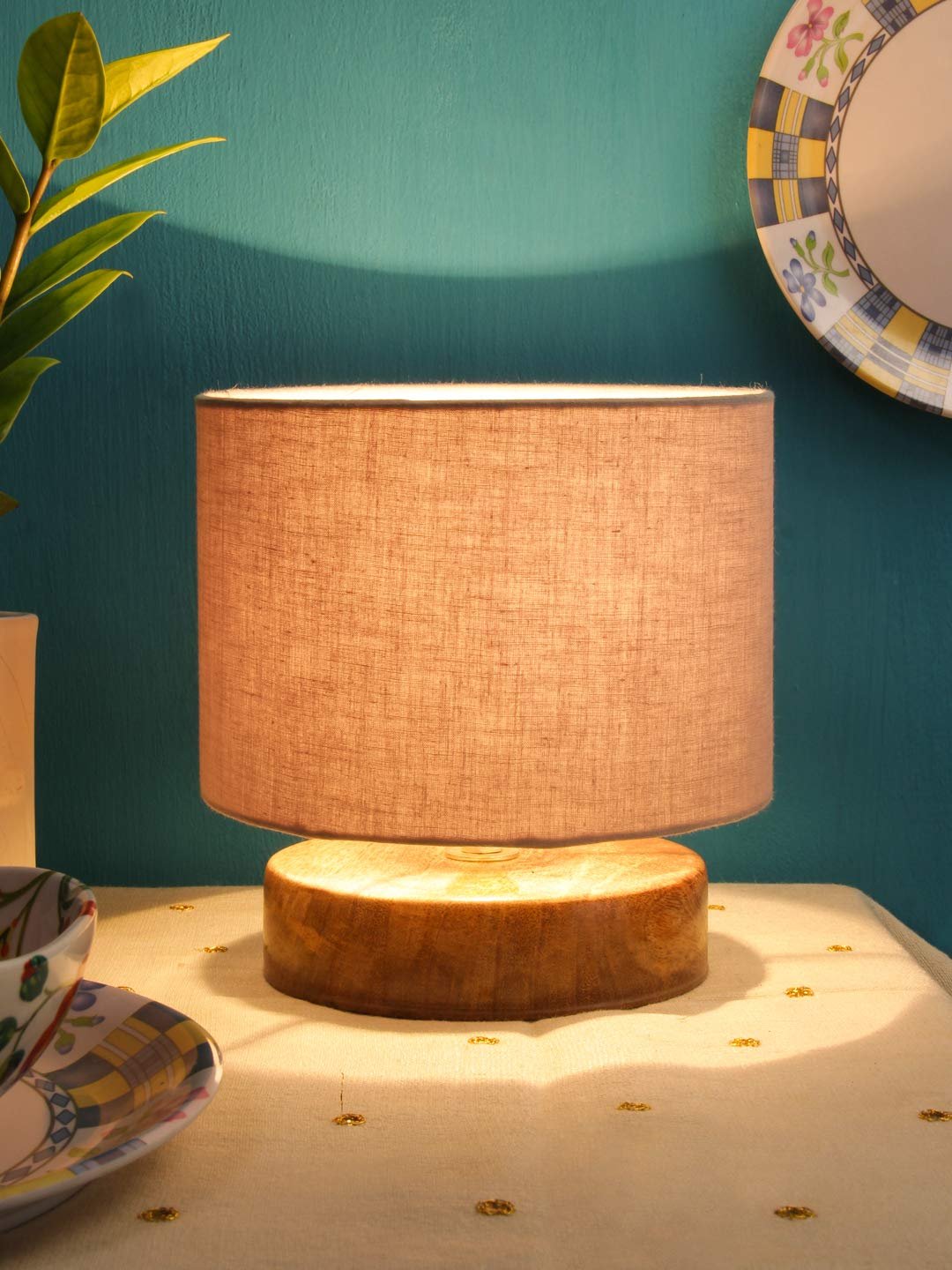 Grey Cotton Shade Lamp with Natural Wood Base for Decoration/Office/Home/Gifting/Study for Office/Home/Gifting -(7x7x7) Inches -