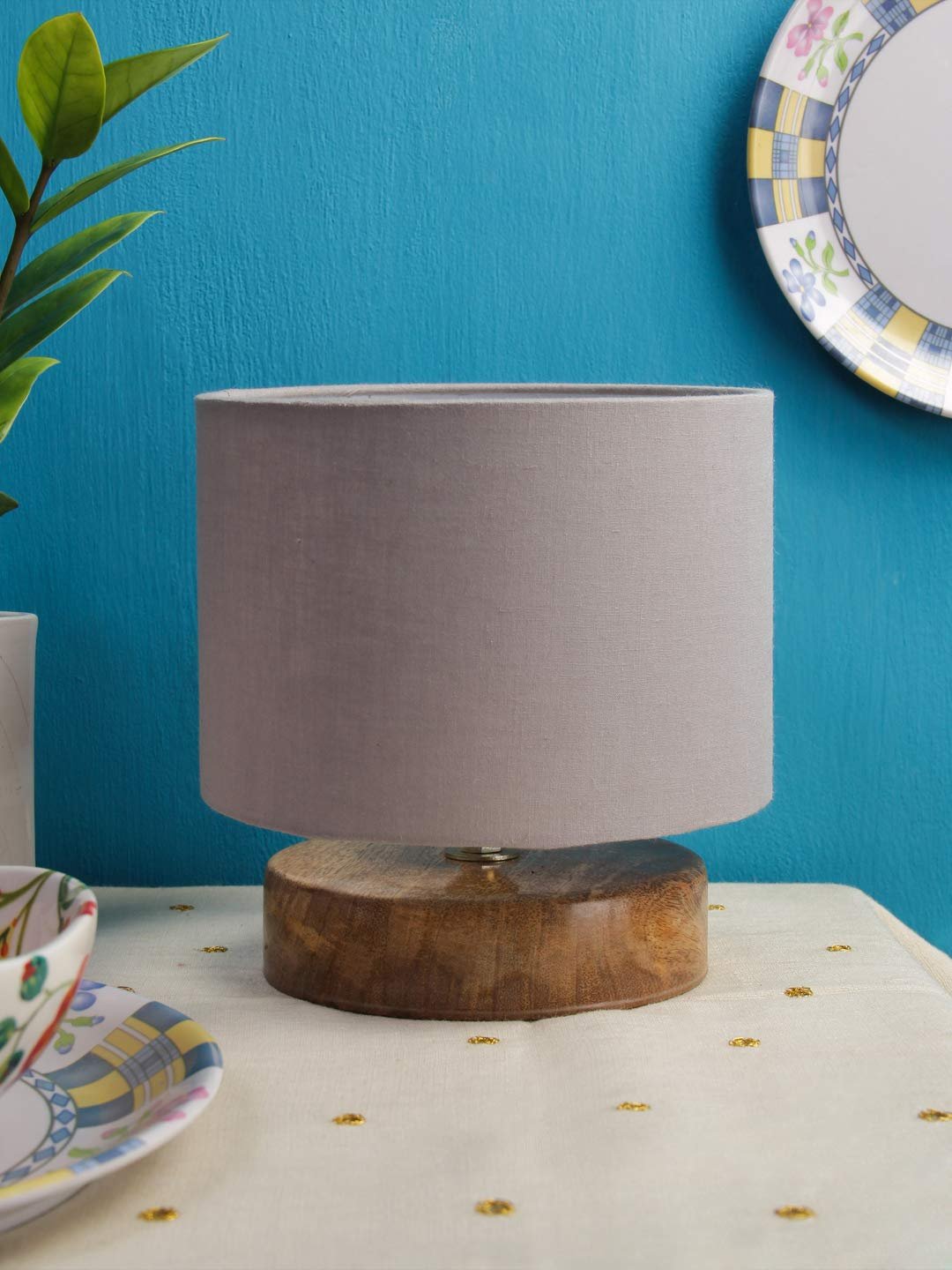 Grey Cotton Shade Lamp with Natural Wood Base for Decoration/Office/Home/Gifting/Study for Office/Home/Gifting -(7x7x7) Inches -