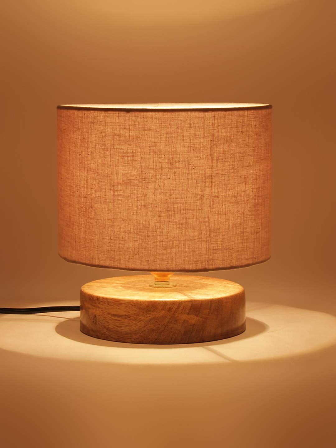 Grey Cotton Shade Lamp with Natural Wood Base for Decoration/Office/Home/Gifting/Study for Office/Home/Gifting -(7x7x7) Inches -