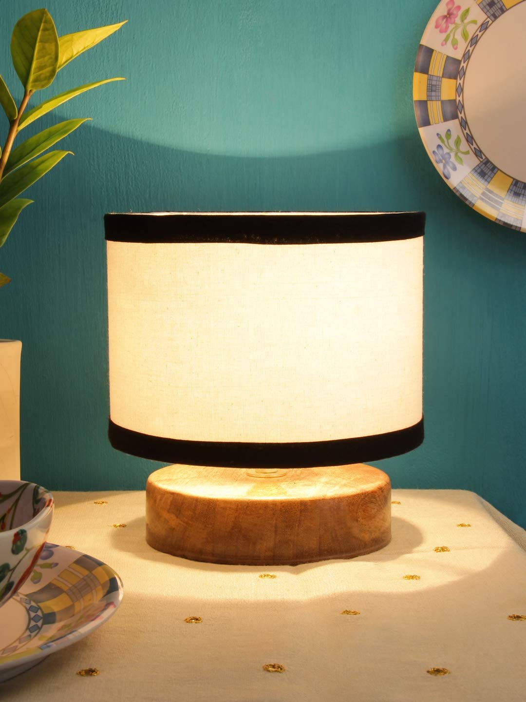 White & Shade Lamp with Natural Wood Base for Decoration/Office/Home/Gifting/Study for Office/Home/Gifting -(7x7x7) Inches -