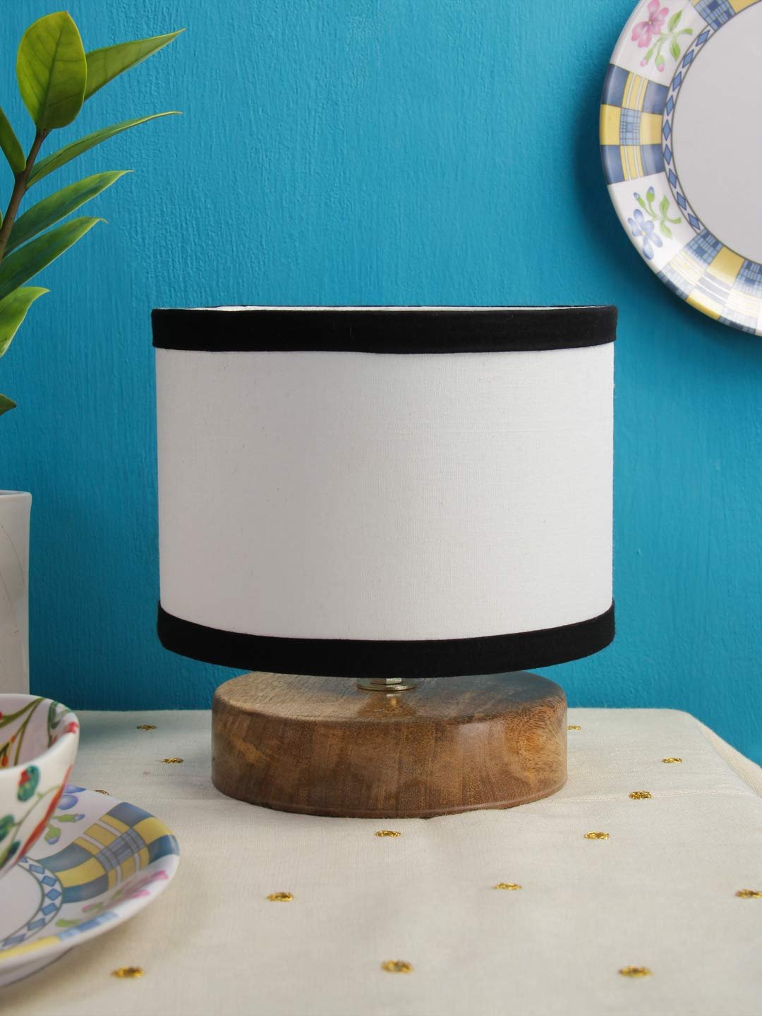 White & Shade Lamp with Natural Wood Base for Decoration/Office/Home/Gifting/Study for Office/Home/Gifting -(7x7x7) Inches -