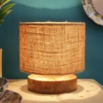Beige Jute Shade Lamp with Natural Wood Base for Decoration/Office/Home/Gifting/Study for Office/Home/Gifting -(7x7x7) Inches –