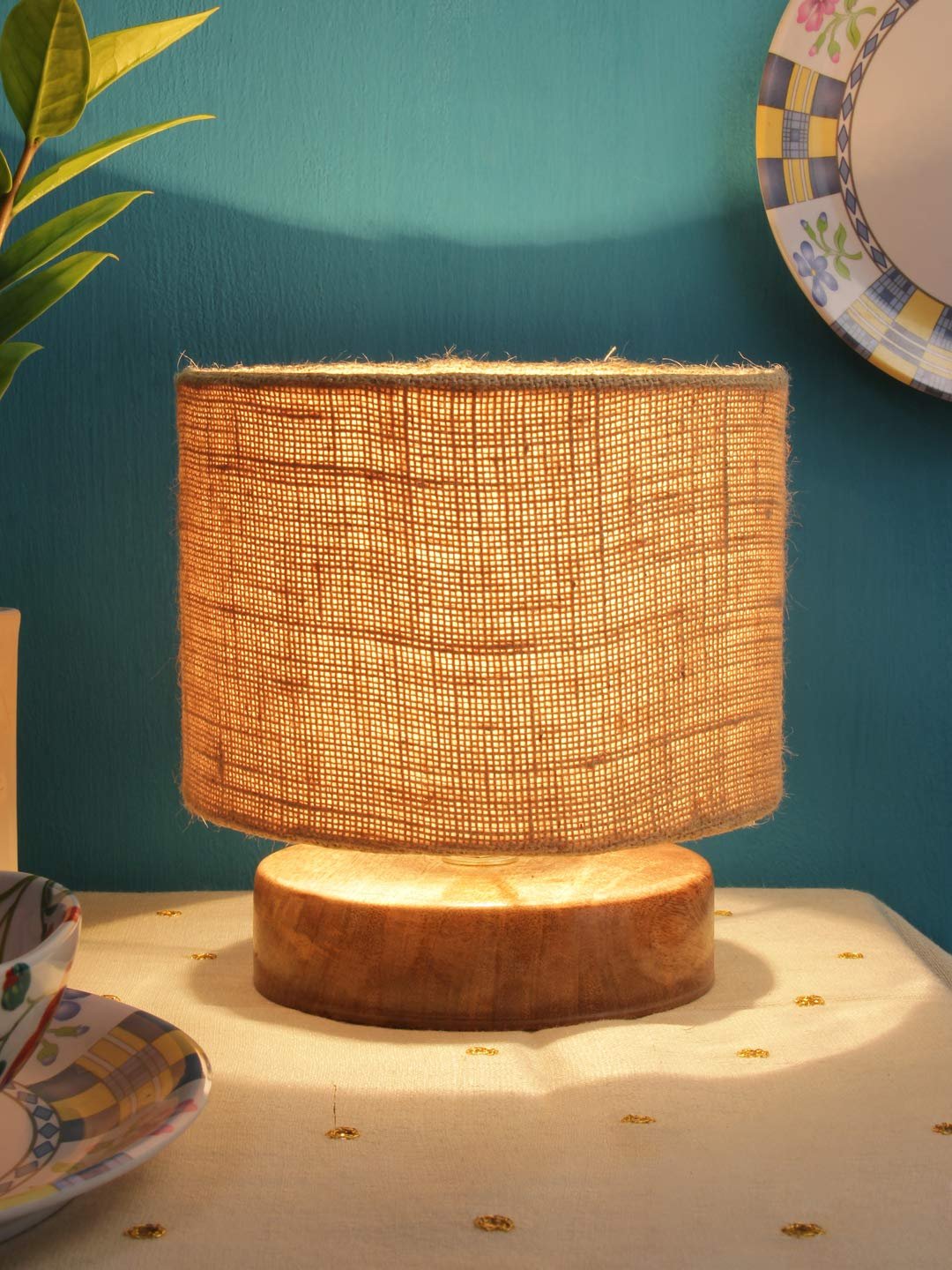 Beige Jute Shade Lamp with Natural Wood Base for Decoration/Office/Home/Gifting/Study for Office/Home/Gifting -(7x7x7) Inches -