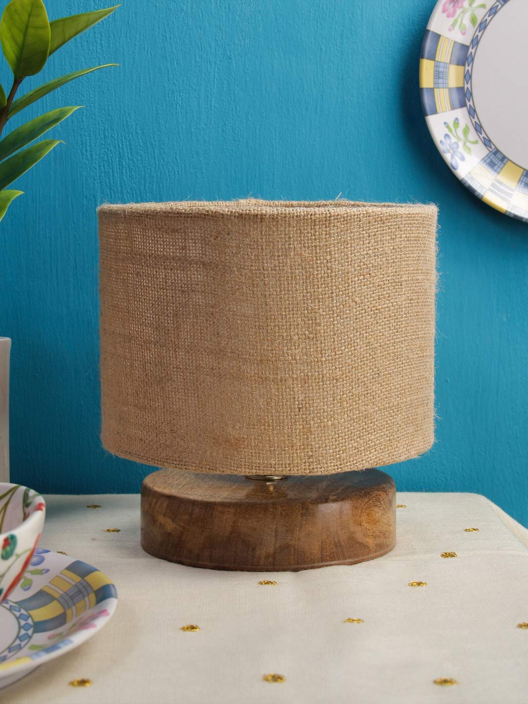 Beige Jute Shade Lamp with Natural Wood Base for Decoration/Office/Home/Gifting/Study for Office/Home/Gifting -(7x7x7) Inches -