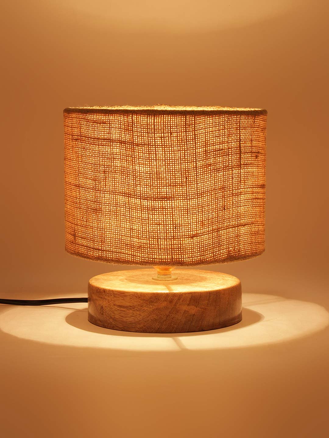 Beige Jute Shade Lamp with Natural Wood Base for Decoration/Office/Home/Gifting/Study for Office/Home/Gifting -(7x7x7) Inches -