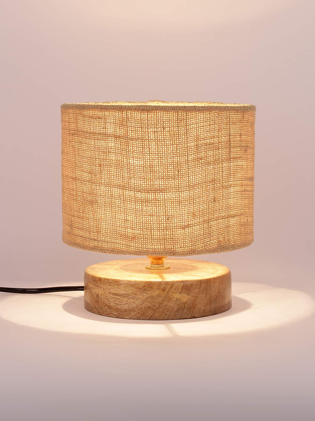 Beige Jute Shade Lamp with Natural Wood Base for Decoration/Office/Home/Gifting/Study for Office/Home/Gifting -(7x7x7) Inches -