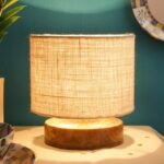White Jute Shade Lamp with Natural Wood Base for Decoration/Office/Home/Gifting/Study for Office/Home/Gifting -(7x7x7) Inches –
