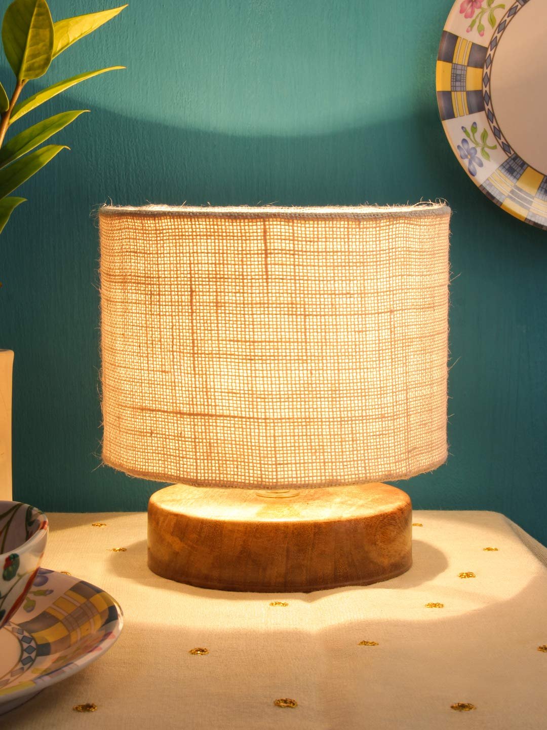 White Jute Shade Lamp with Natural Wood Base for Decoration/Office/Home/Gifting/Study for Office/Home/Gifting -(7x7x7) Inches -