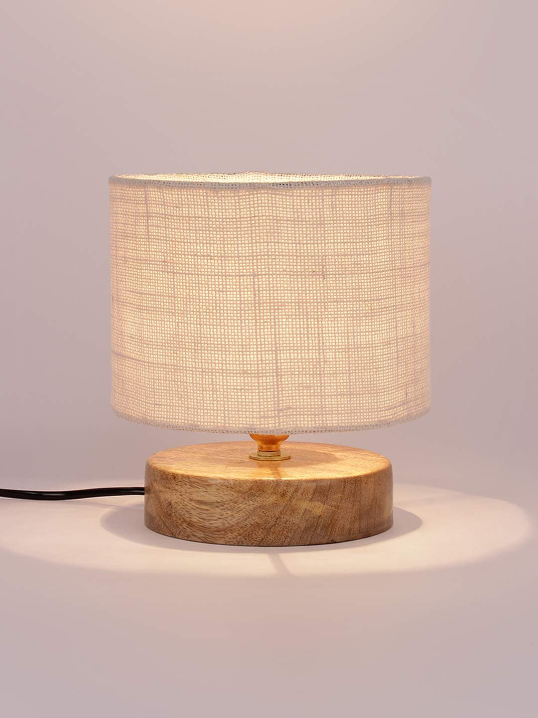 White Jute Shade Lamp with Natural Wood Base for Decoration/Office/Home/Gifting/Study for Office/Home/Gifting -(7x7x7) Inches -