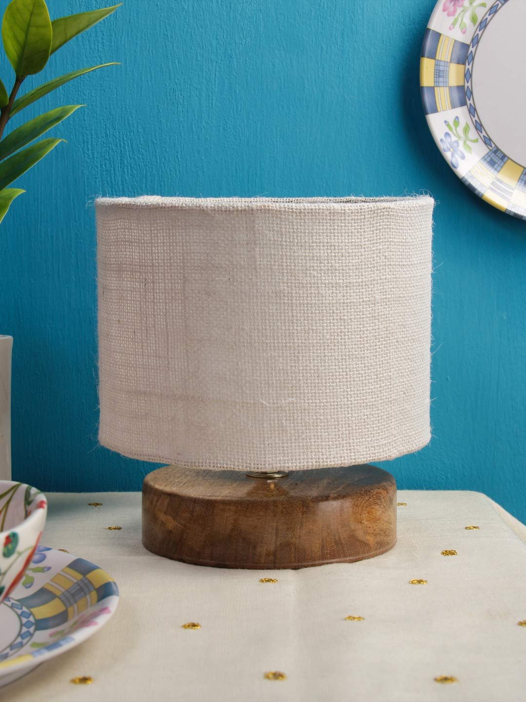 White Jute Shade Lamp with Natural Wood Base for Decoration/Office/Home/Gifting/Study for Office/Home/Gifting -(7x7x7) Inches -