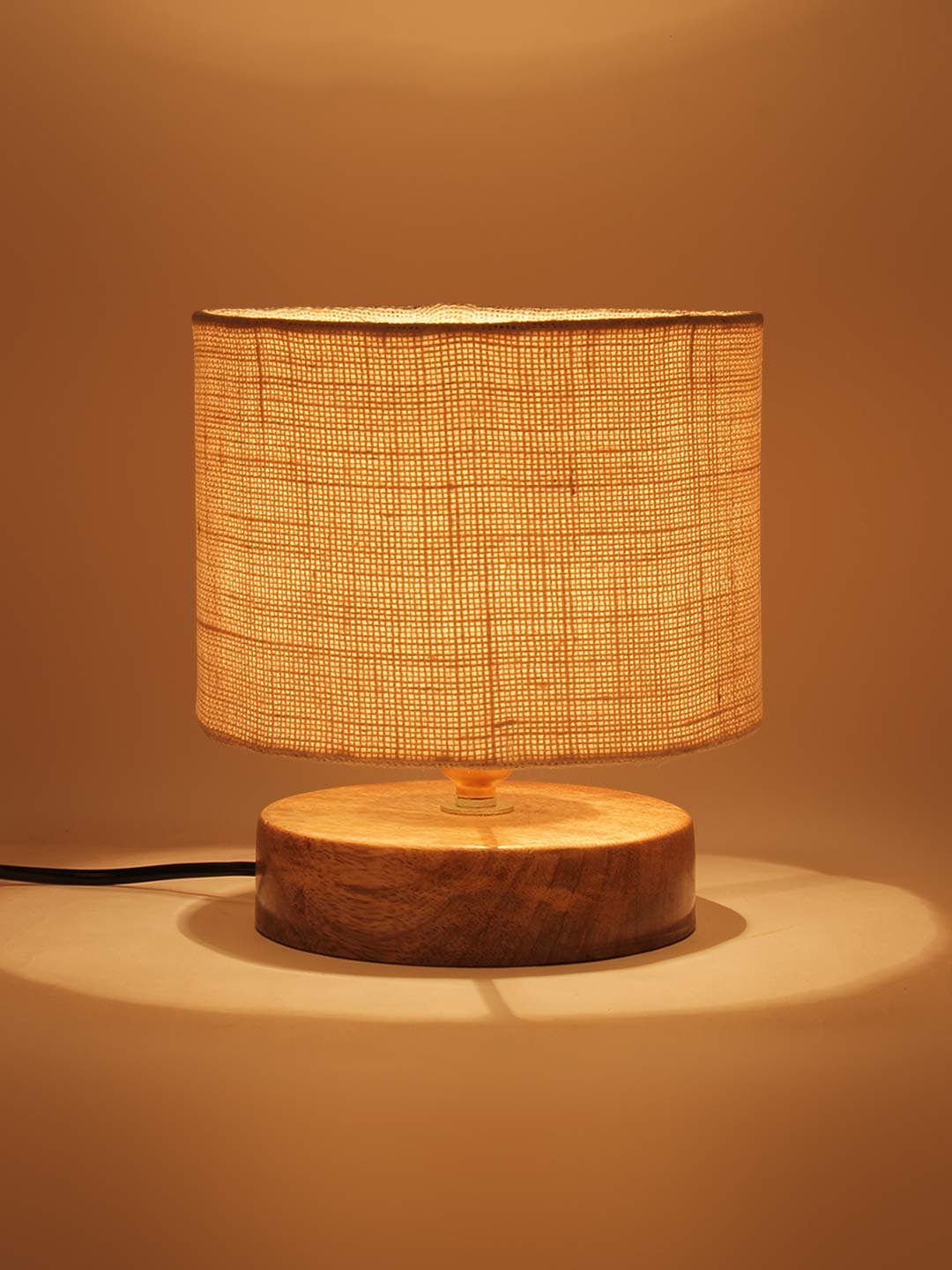 White Jute Shade Lamp with Natural Wood Base for Decoration/Office/Home/Gifting/Study for Office/Home/Gifting -(7x7x7) Inches -