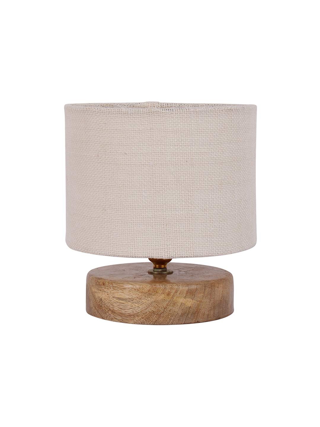 White Jute Shade Lamp with Natural Wood Base for Decoration/Office/Home/Gifting/Study for Office/Home/Gifting -(7x7x7) Inches -