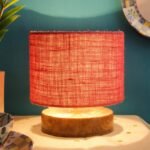Pink Jute Shade Lamp with Natural Wood Base for Decoration/Office/Home/Gifting/Study for Office/Home/Gifting -(7x7x7) Inches –