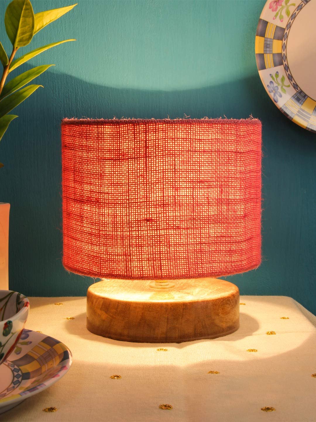 Pink Jute Shade Lamp with Natural Wood Base for Decoration/Office/Home/Gifting/Study for Office/Home/Gifting -(7x7x7) Inches -