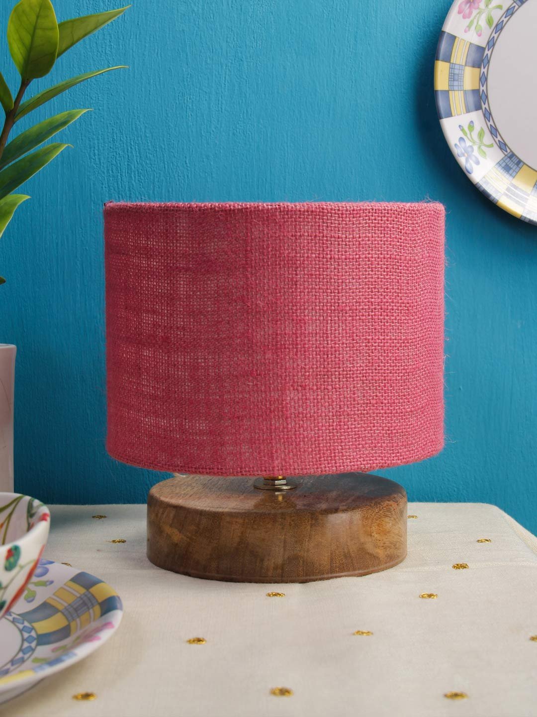 Pink Jute Shade Lamp with Natural Wood Base for Decoration/Office/Home/Gifting/Study for Office/Home/Gifting -(7x7x7) Inches -