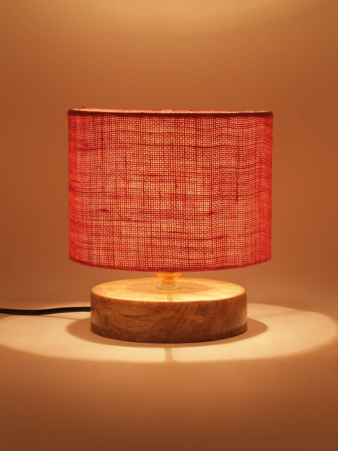 Pink Jute Shade Lamp with Natural Wood Base for Decoration/Office/Home/Gifting/Study for Office/Home/Gifting -(7x7x7) Inches -