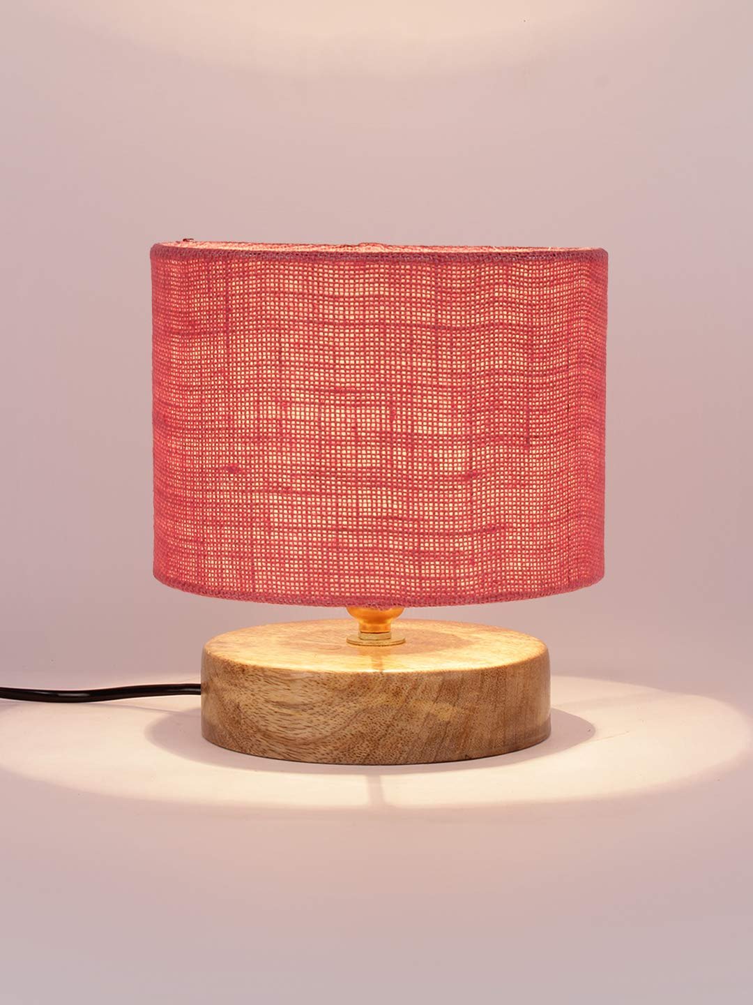 Pink Jute Shade Lamp with Natural Wood Base for Decoration/Office/Home/Gifting/Study for Office/Home/Gifting -(7x7x7) Inches -