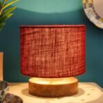 Maroon Jute Shade Lamp with Natural Wood Base for Decoration/Office/Home/Gifting/Study for Office/Home/Gifting -(7x7x7) Inches –