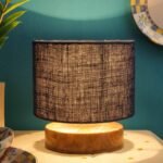 Blue Jute Shade Lamp with Natural Wood Base for Decoration/Office/Home/Gifting/Study for Office/Home/Gifting -(7x7x7) Inches –
