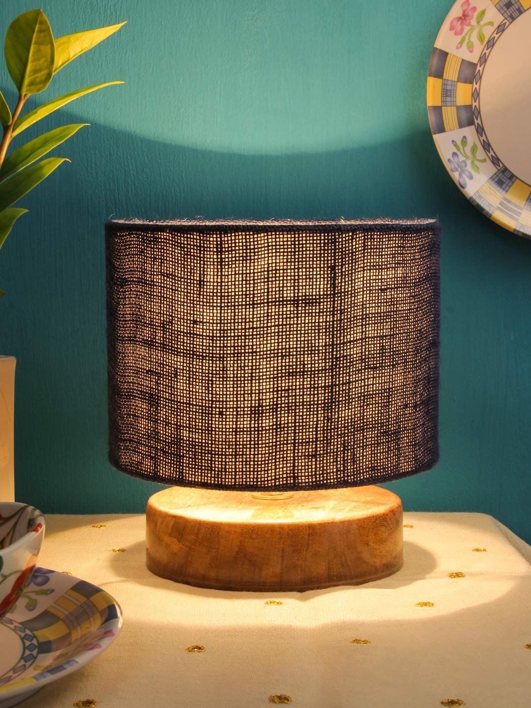 Blue Jute Shade Lamp with Natural Wood Base for Decoration/Office/Home/Gifting/Study for Office/Home/Gifting -(7x7x7) Inches -