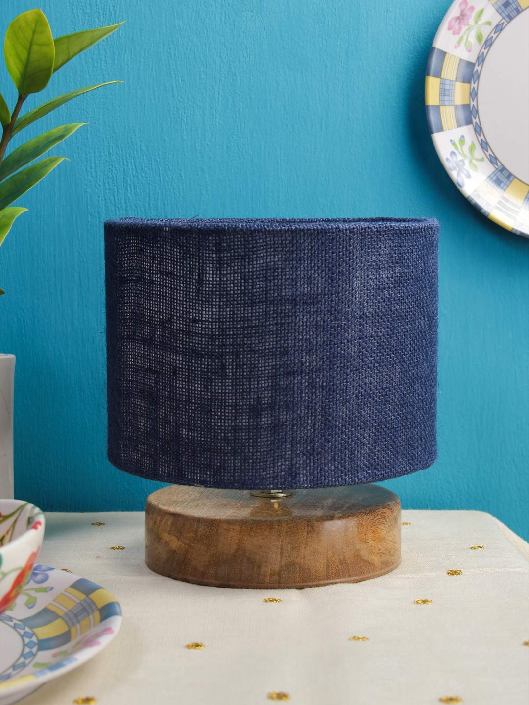 Blue Jute Shade Lamp with Natural Wood Base for Decoration/Office/Home/Gifting/Study for Office/Home/Gifting -(7x7x7) Inches -