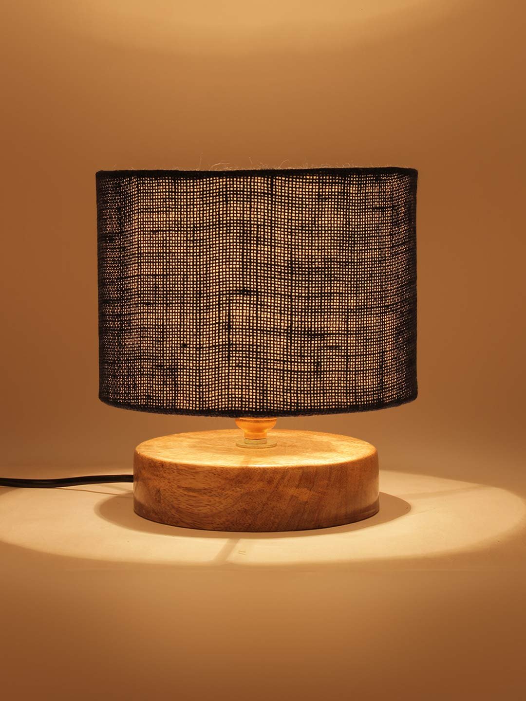Blue Jute Shade Lamp with Natural Wood Base for Decoration/Office/Home/Gifting/Study for Office/Home/Gifting -(7x7x7) Inches -