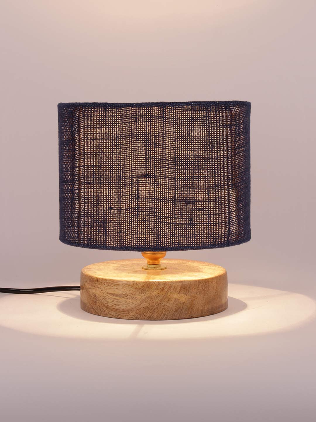 Blue Jute Shade Lamp with Natural Wood Base for Decoration/Office/Home/Gifting/Study for Office/Home/Gifting -(7x7x7) Inches -