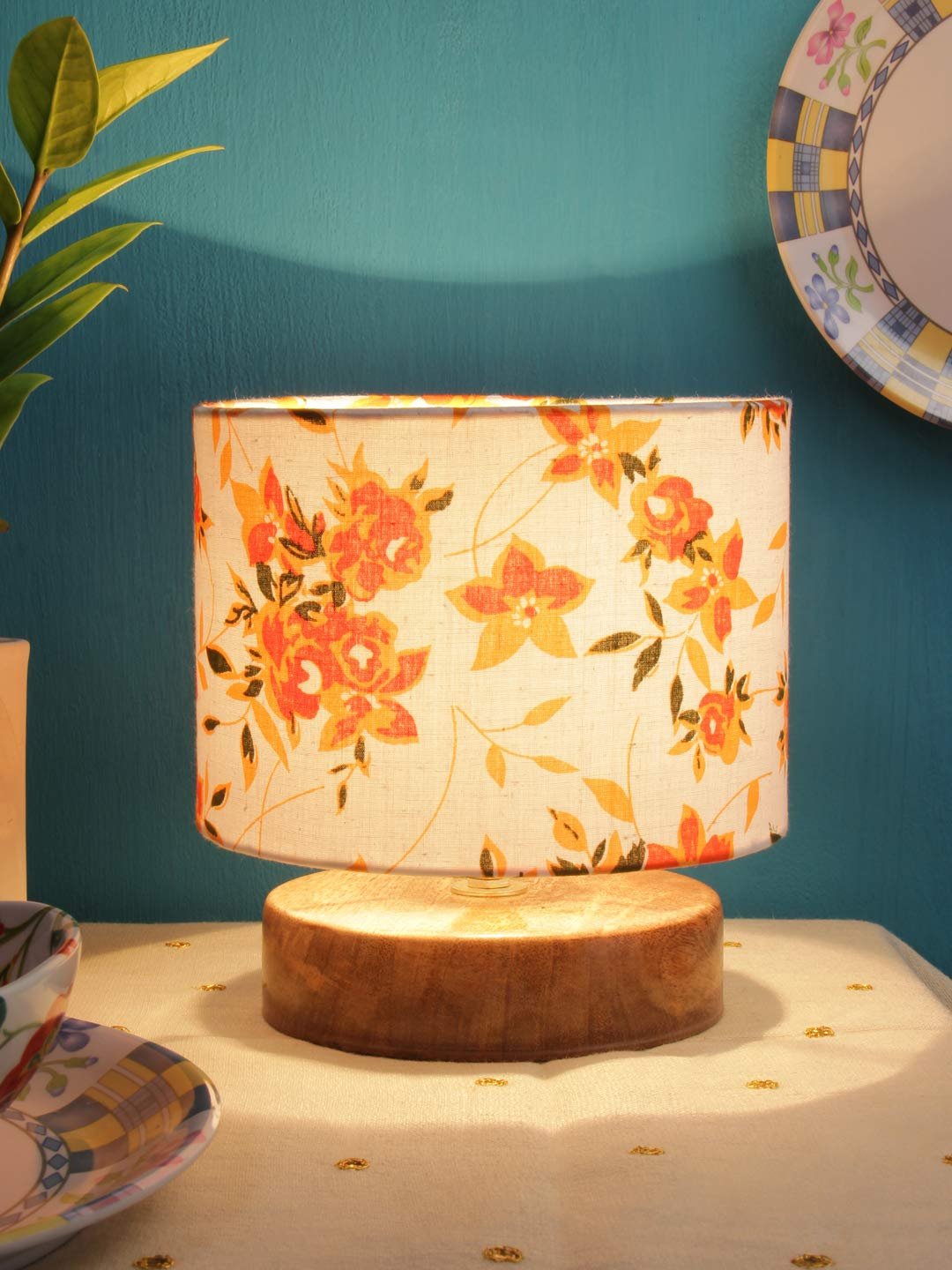Multicolor Cotton Shade Lamp with Natural Wood Base for Decoration/Office/Home/Gifting/Study for Office/Home/Gifting -(7x7x7) Inches -
