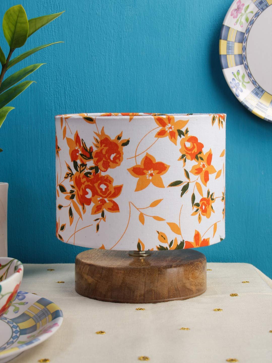 Multicolor Cotton Shade Lamp with Natural Wood Base for Decoration/Office/Home/Gifting/Study for Office/Home/Gifting -(7x7x7) Inches -