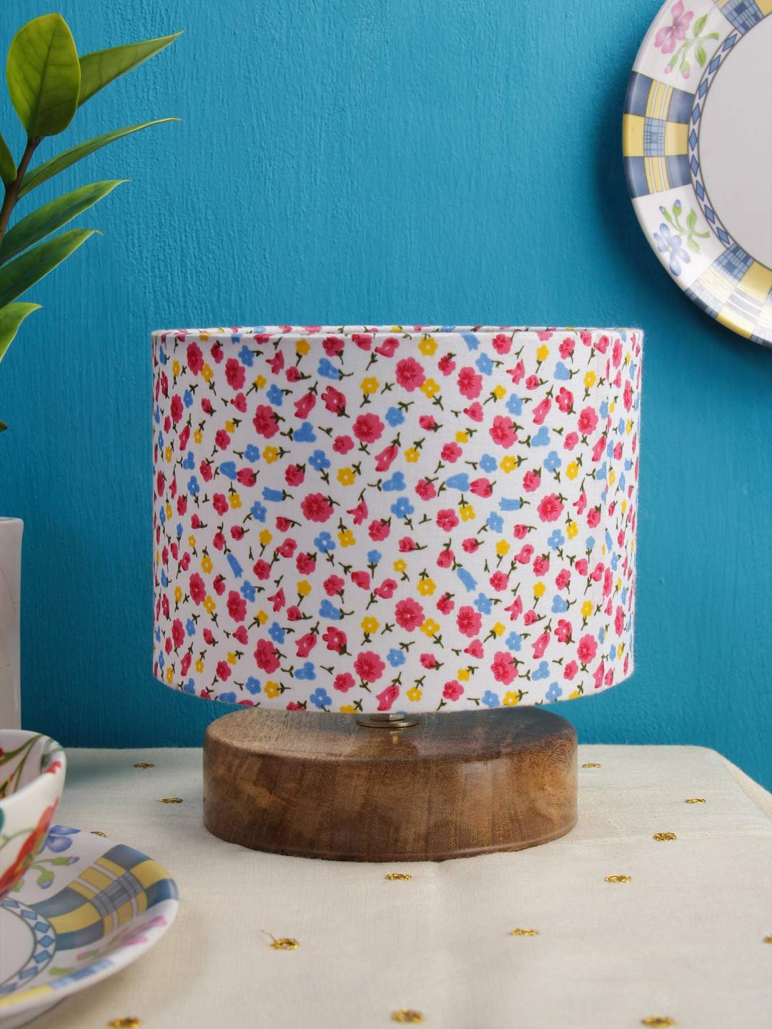 Multicolor Cotton Shade Lamp with Natural Wood Base for Decoration/Office/Home/Gifting/Study for Office/Home/Gifting -(7x7x7) Inches -
