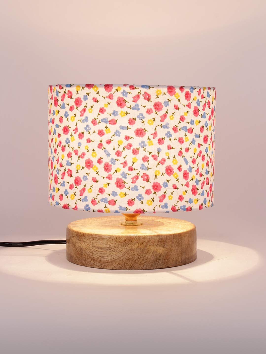Multicolor Cotton Shade Lamp with Natural Wood Base for Decoration/Office/Home/Gifting/Study for Office/Home/Gifting -(7x7x7) Inches -