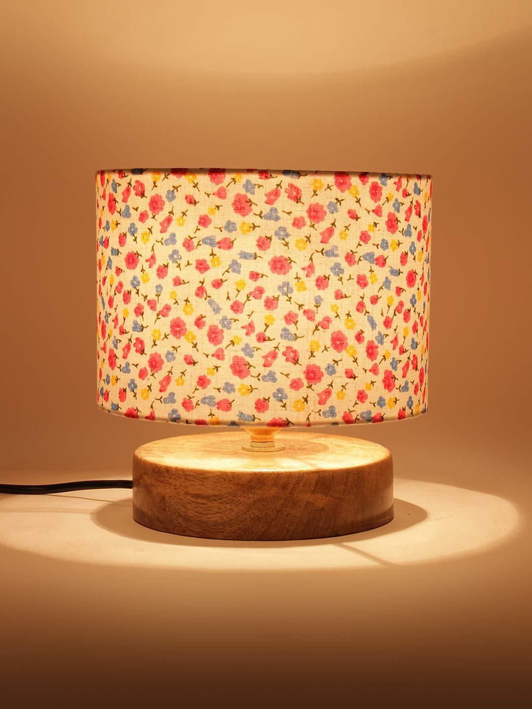Multicolor Cotton Shade Lamp with Natural Wood Base for Decoration/Office/Home/Gifting/Study for Office/Home/Gifting -(7x7x7) Inches -