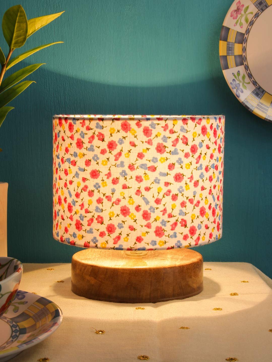 Multicolor Cotton Shade Lamp with Natural Wood Base for Decoration/Office/Home/Gifting/Study for Office/Home/Gifting -(7x7x7) Inches -