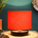 Orange Cotton Shade Lamp with Black Wood Base for Decoration/Office/Home/Gifting/Study for Office/Home/Gifting -(7x7x7) Inches –