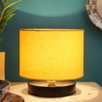 Yellow Cotton Shade Lamp with Black Black Wood Base for Decoration/Office/Home/Gifting/Study for Office/Home/Gifting -(7x7x7) Inches –