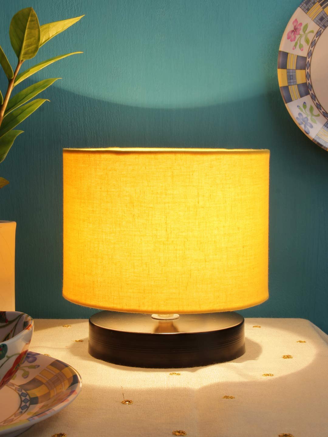 Yellow Cotton Shade Lamp with Black Black Wood Base for Decoration/Office/Home/Gifting/Study for Office/Home/Gifting -(7x7x7) Inches -