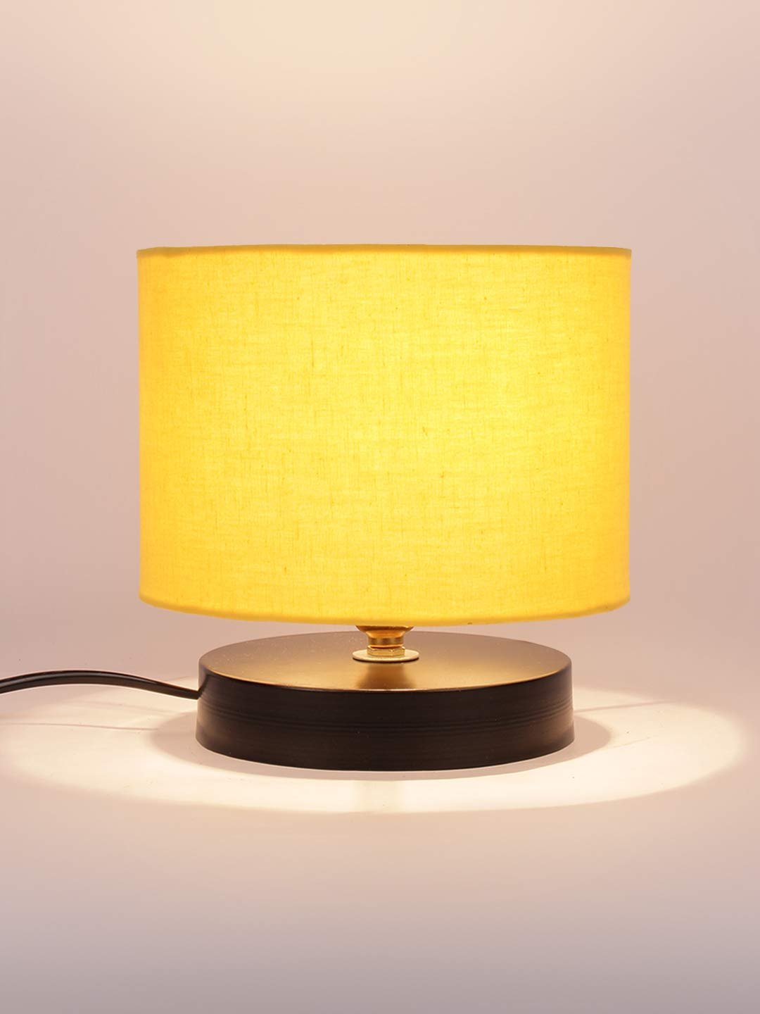 Yellow Cotton Shade Lamp with Black Black Wood Base for Decoration/Office/Home/Gifting/Study for Office/Home/Gifting -(7x7x7) Inches -