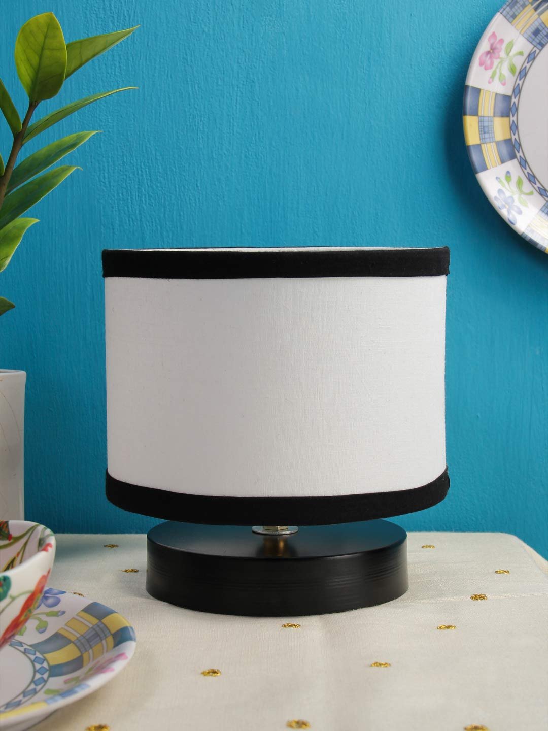 White & Black Shade Lamp with Black Wood Base for Decoration/Office/Home/Gifting/Study for Office/Home/Gifting -(7x7x7) Inches -