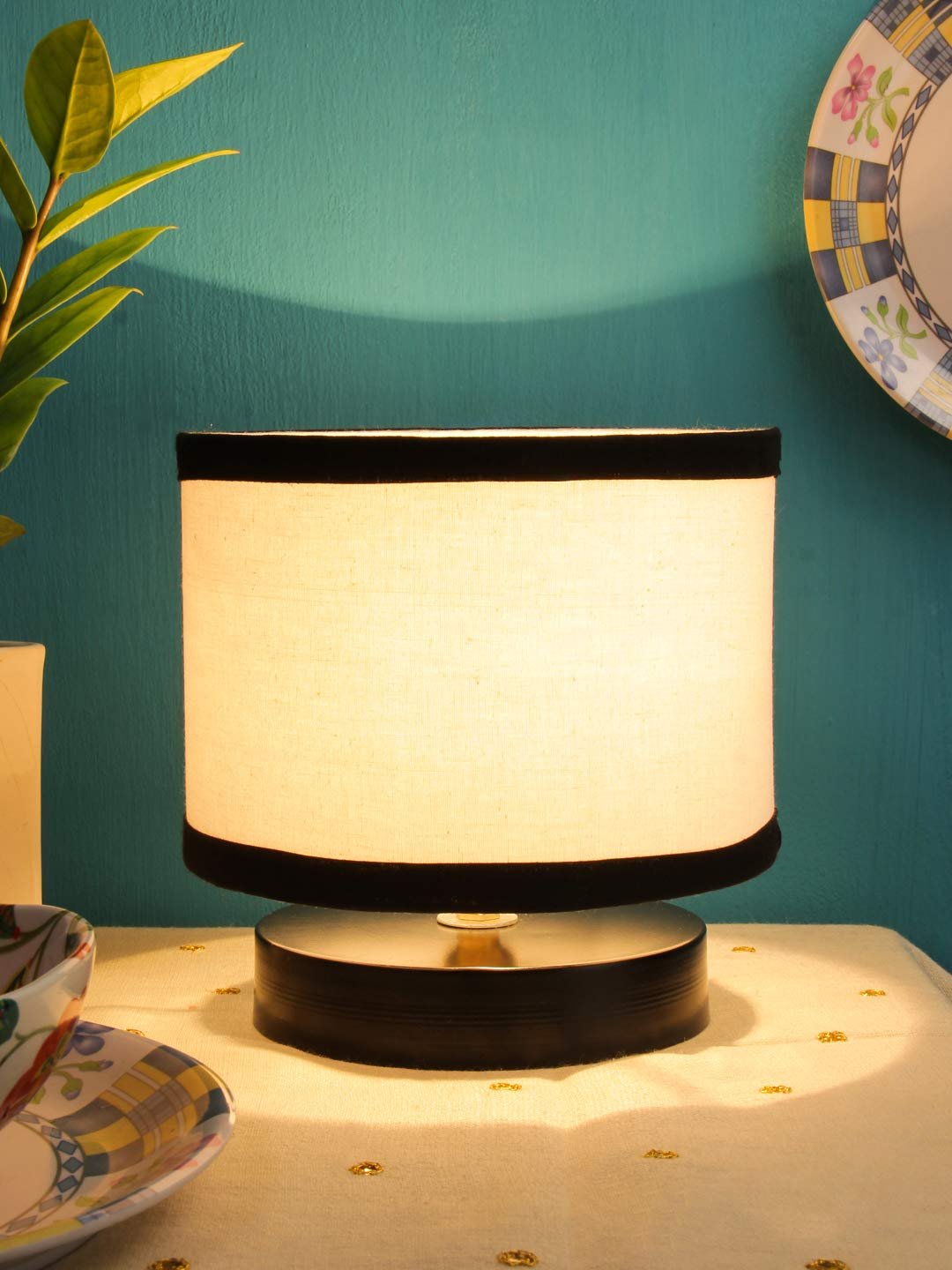 White & Black Shade Lamp with Black Wood Base for Decoration/Office/Home/Gifting/Study for Office/Home/Gifting -(7x7x7) Inches -