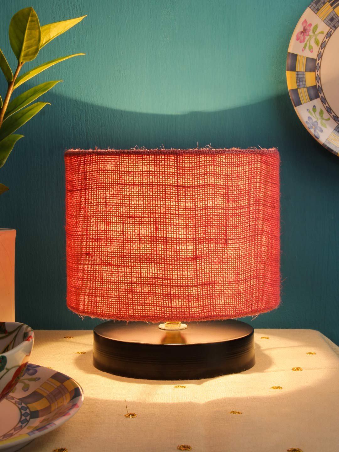 Pink Jute Shade Lamp with Black Wood Base for Decoration/Office/Home/Gifting/Study for Office/Home/Gifting -(7x7x7) Inches -