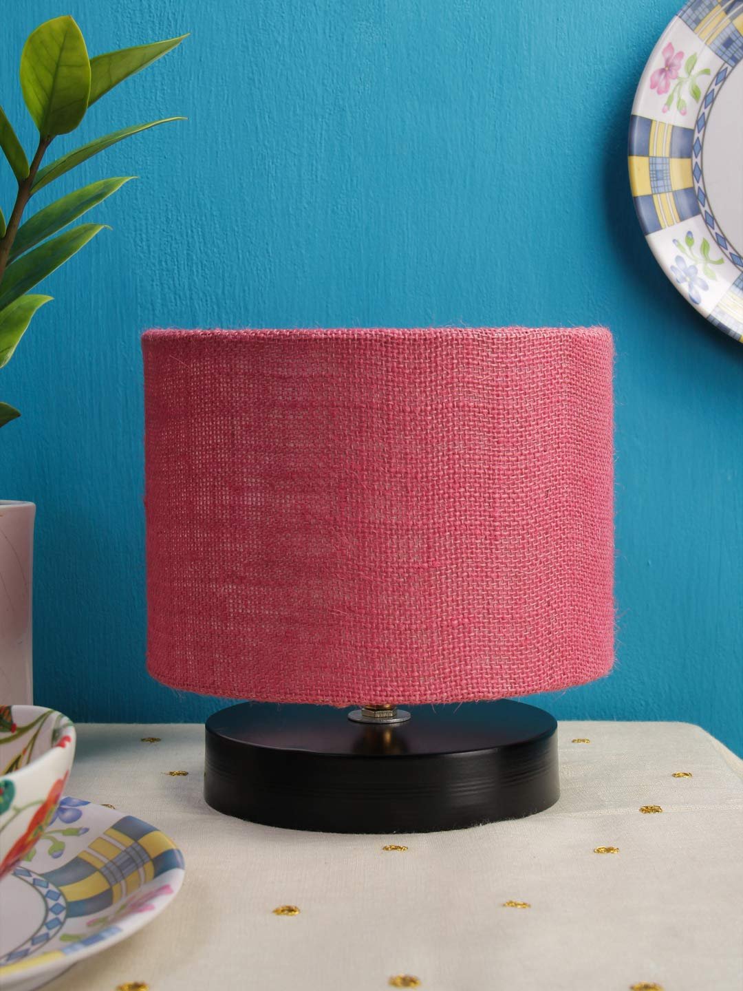Pink Jute Shade Lamp with Black Wood Base for Decoration/Office/Home/Gifting/Study for Office/Home/Gifting -(7x7x7) Inches -